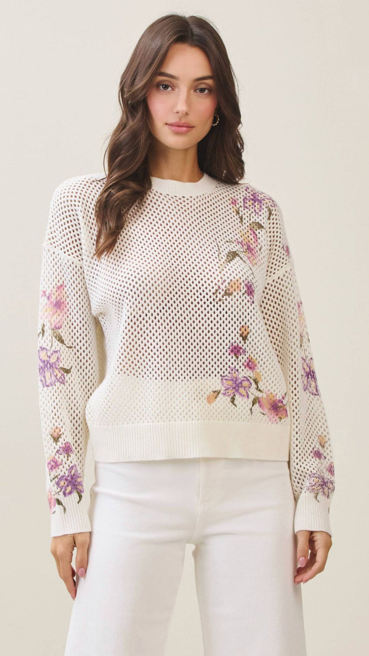Floral Print Open Knit Sweater