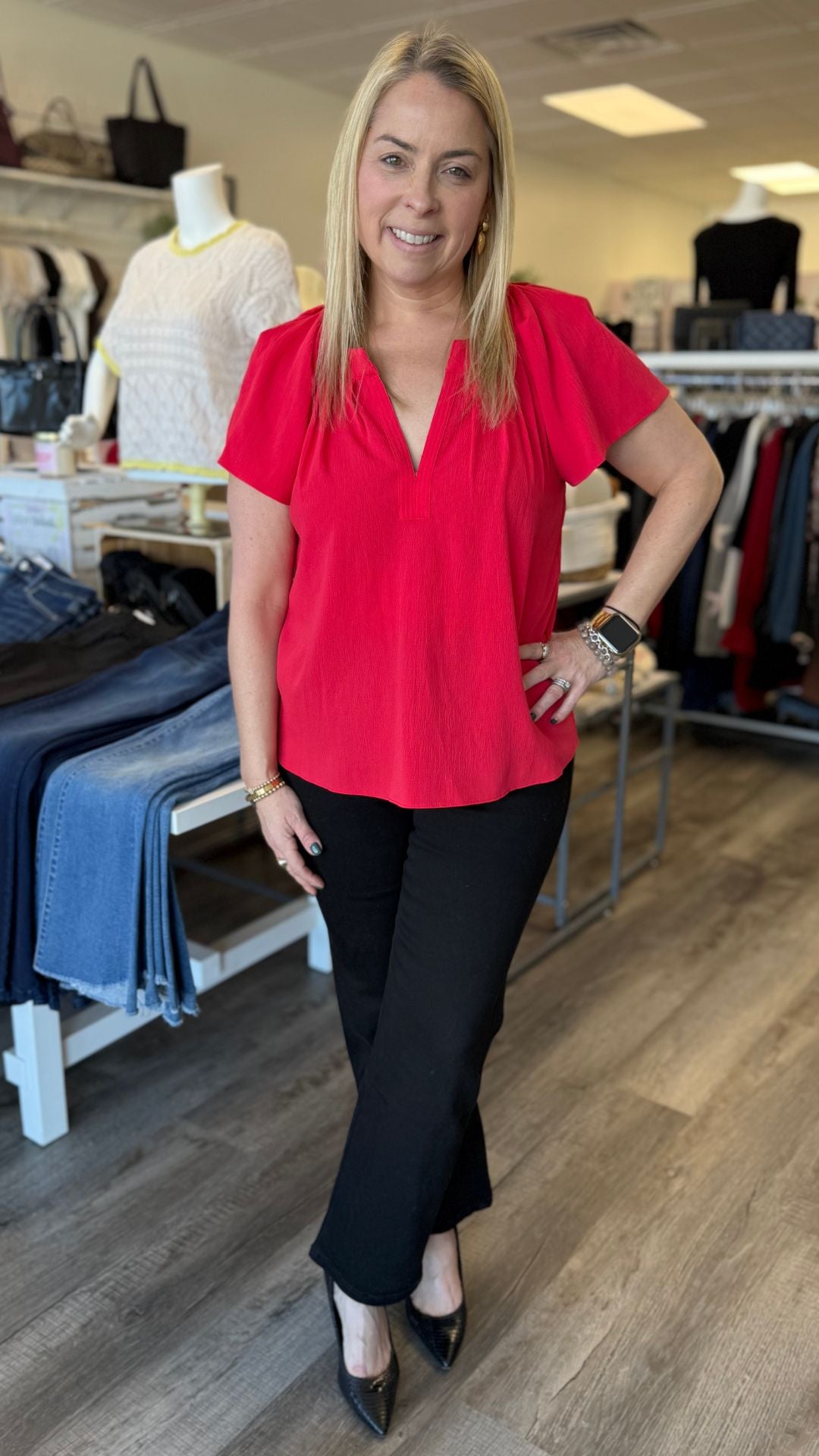 Red Pin Tuck Pleated Detail Blouse