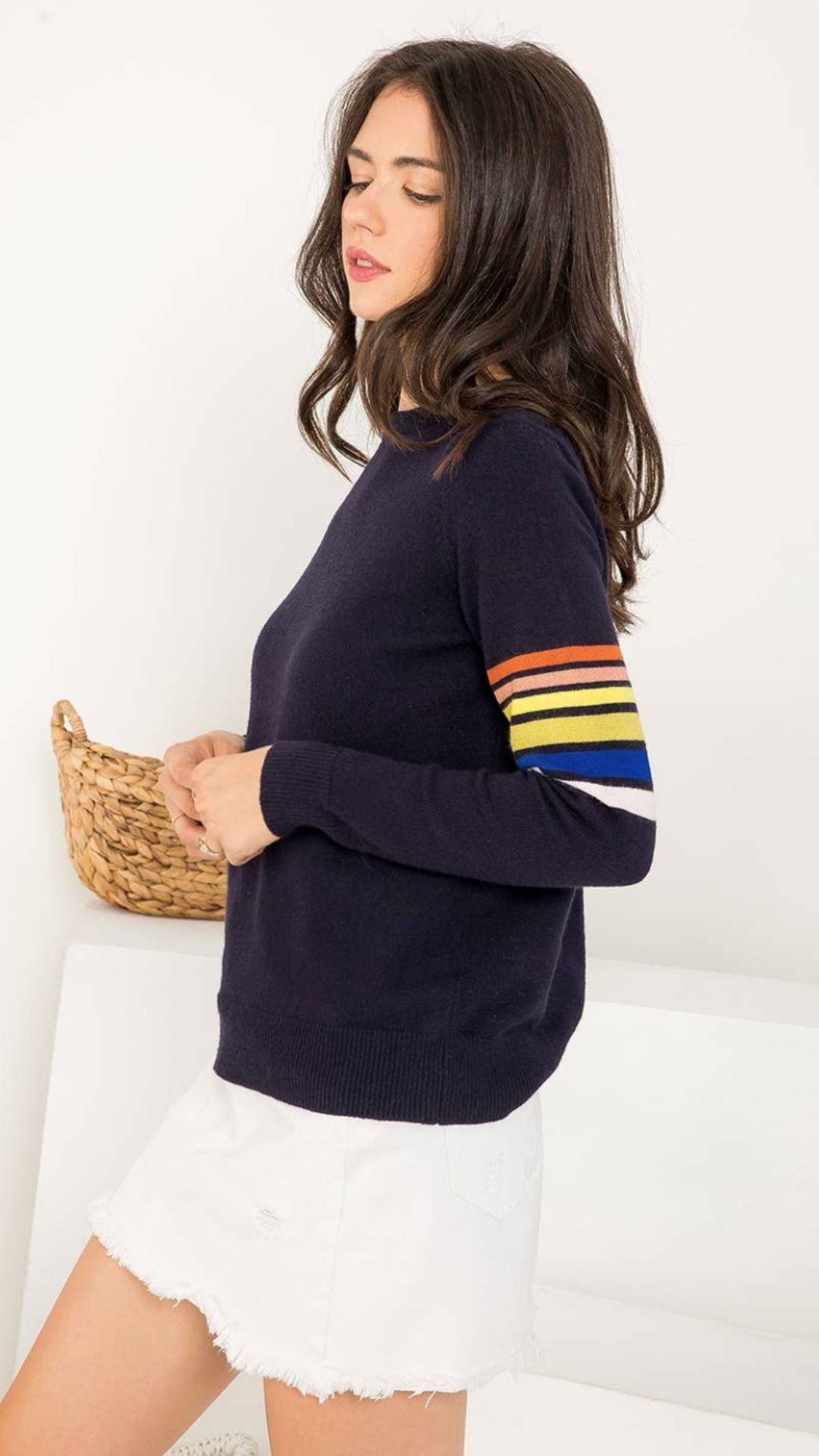 Navy Stripe Sleeve Knit Sweater