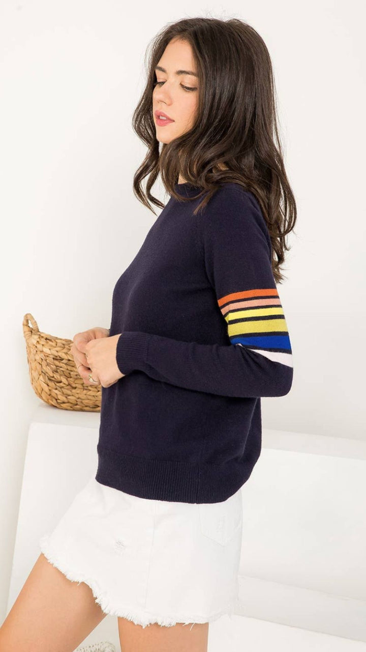 Navy Stripe Sleeve Knit Sweater