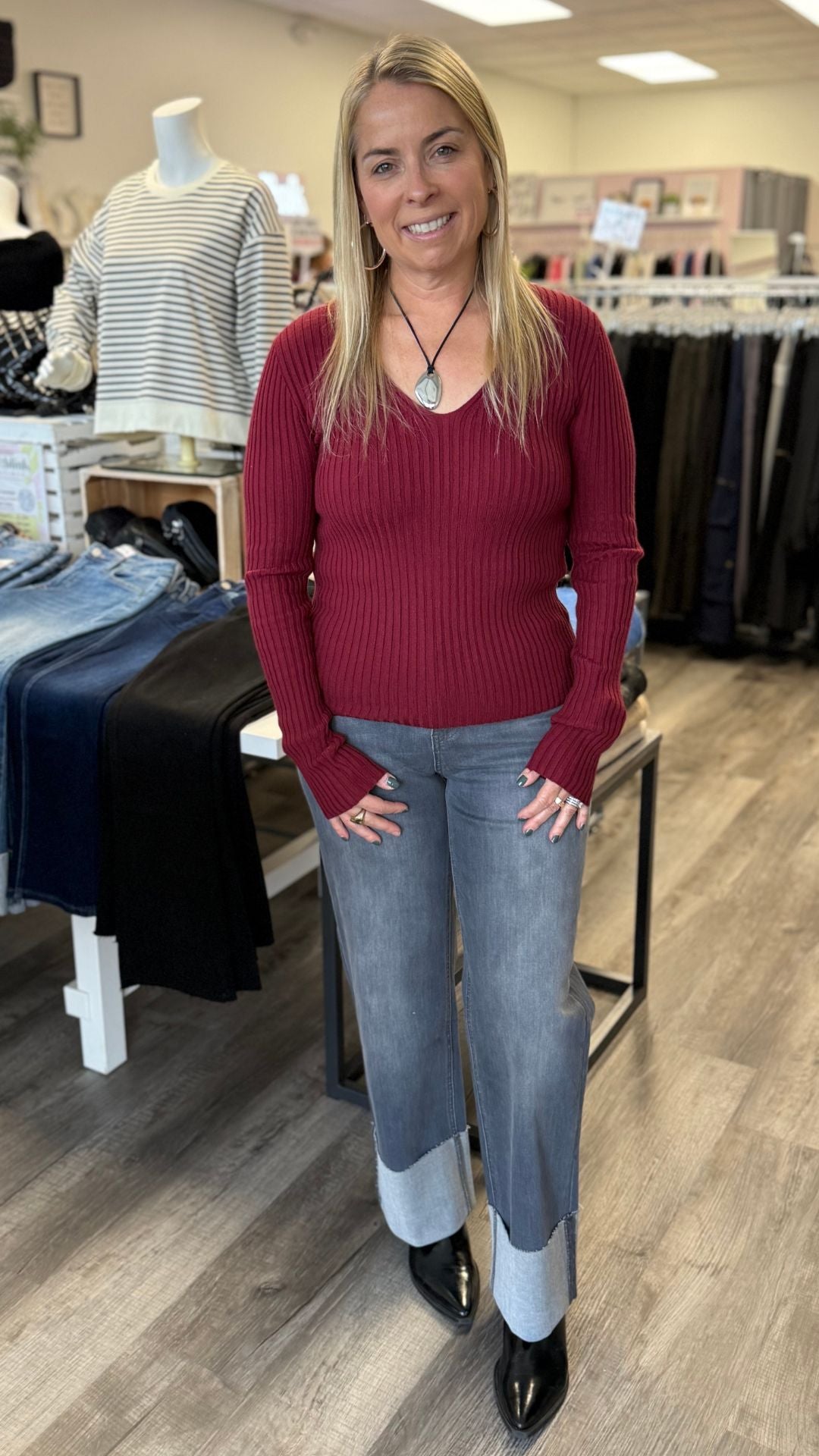 Red V Neck Fitted Light Sweater