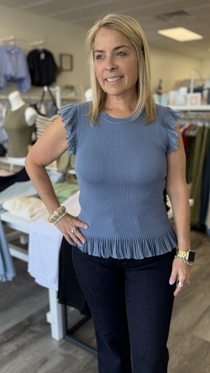 Dusty Blue Ruffle Sleeve Ribbed Tank