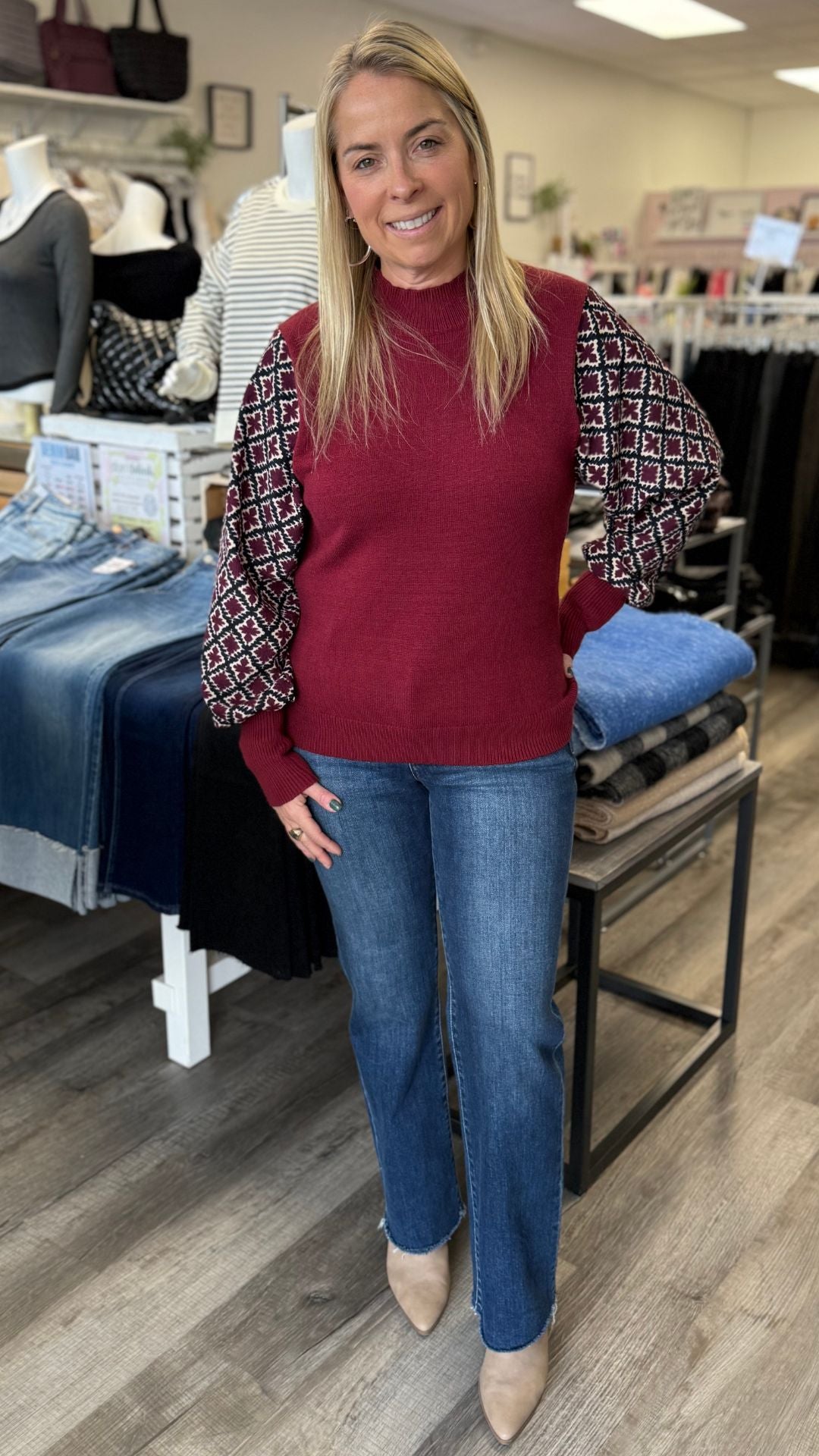 Burgundy Mixed Media Knit Top