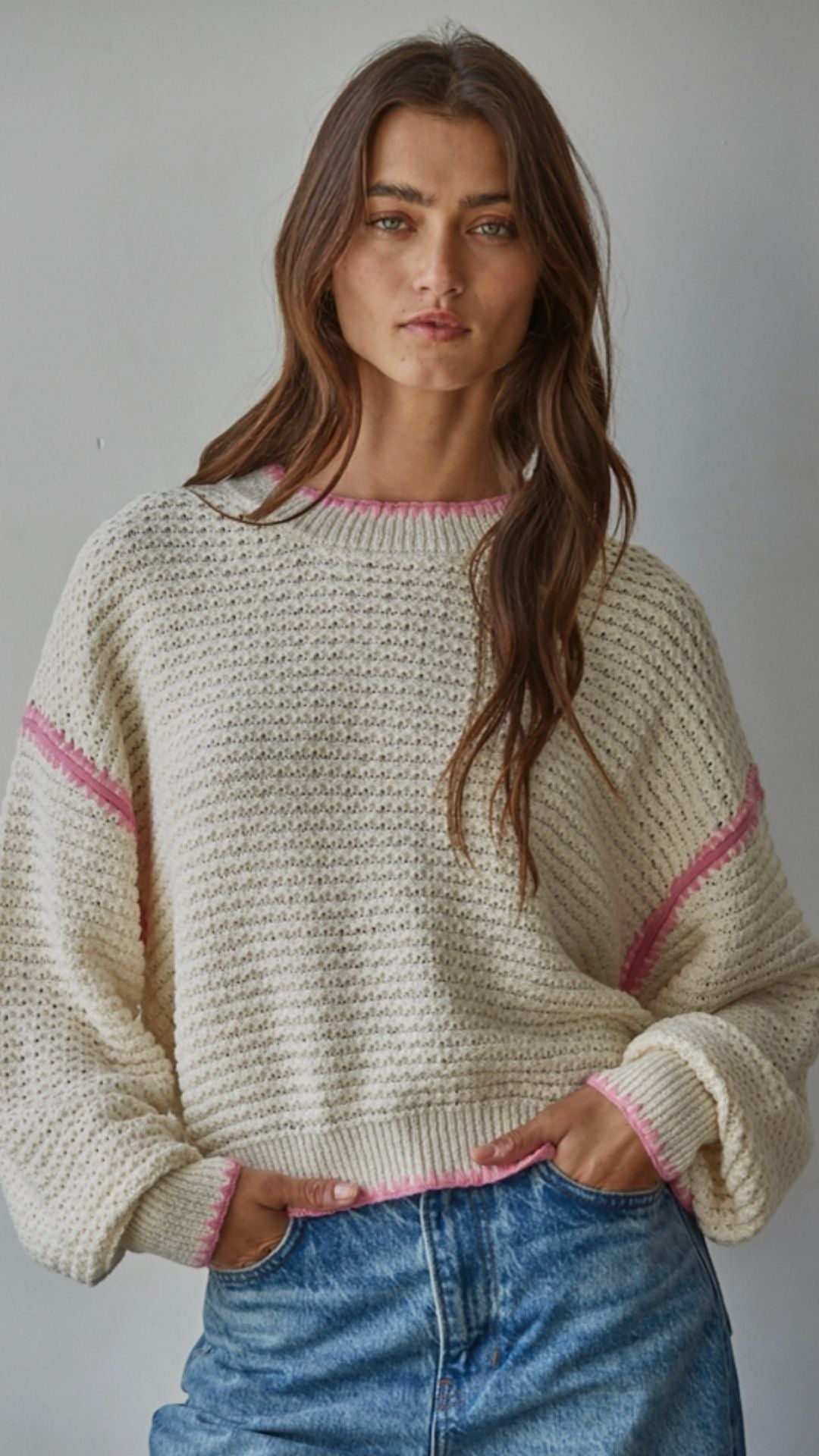 Natural Pullover With Pink Trim Sweater