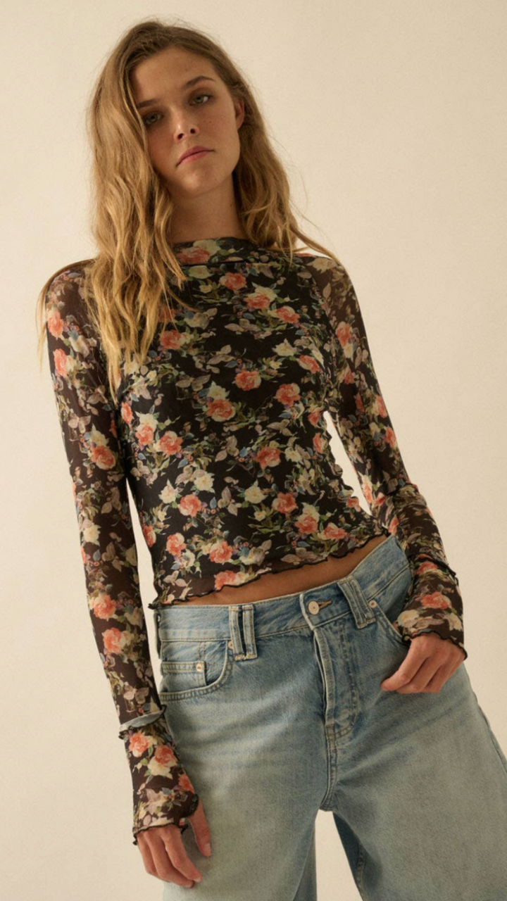 Black Floral Mesh Mock Neck Thumbhole Raglan Top