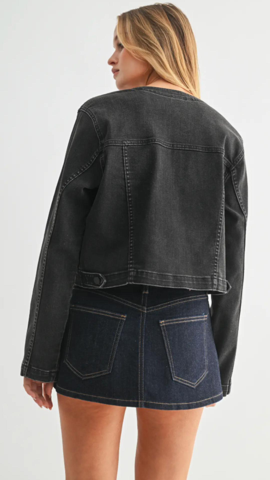 Black Collarless Denim Jacket