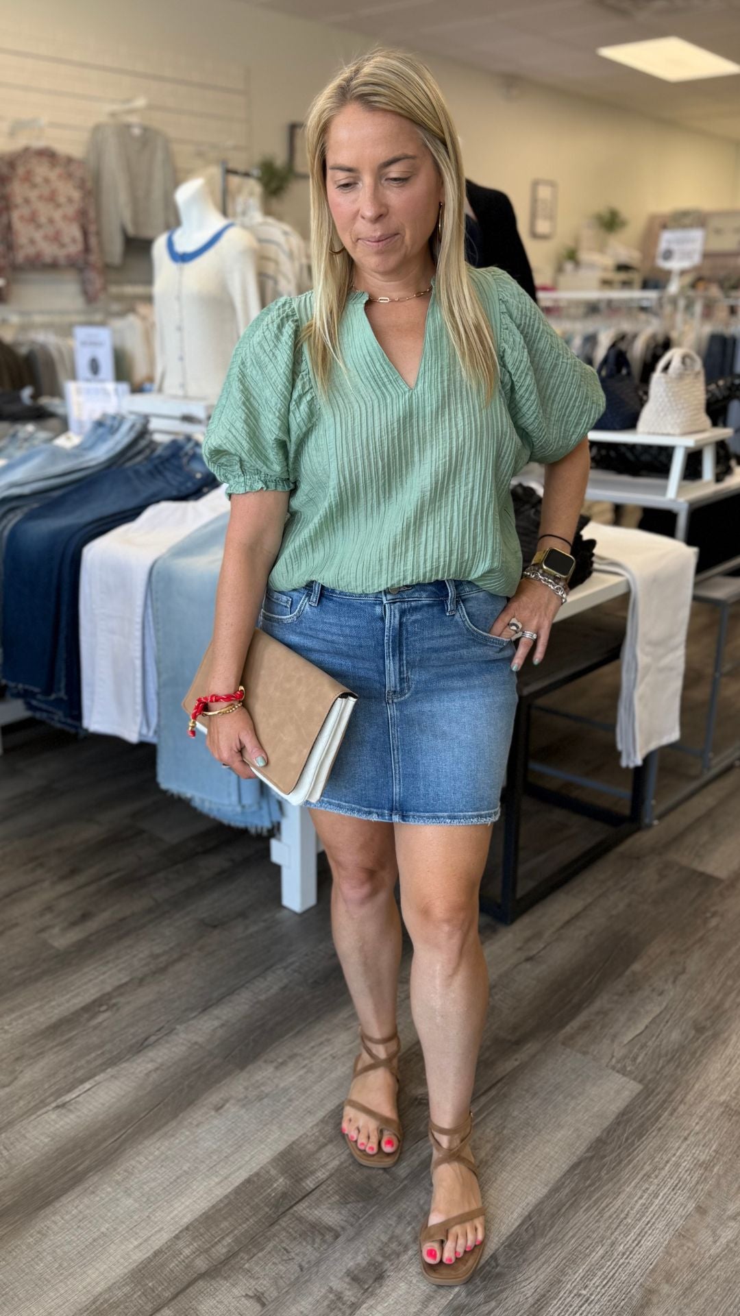 Sage Crinkled Split Neck Puff Sleeve Top