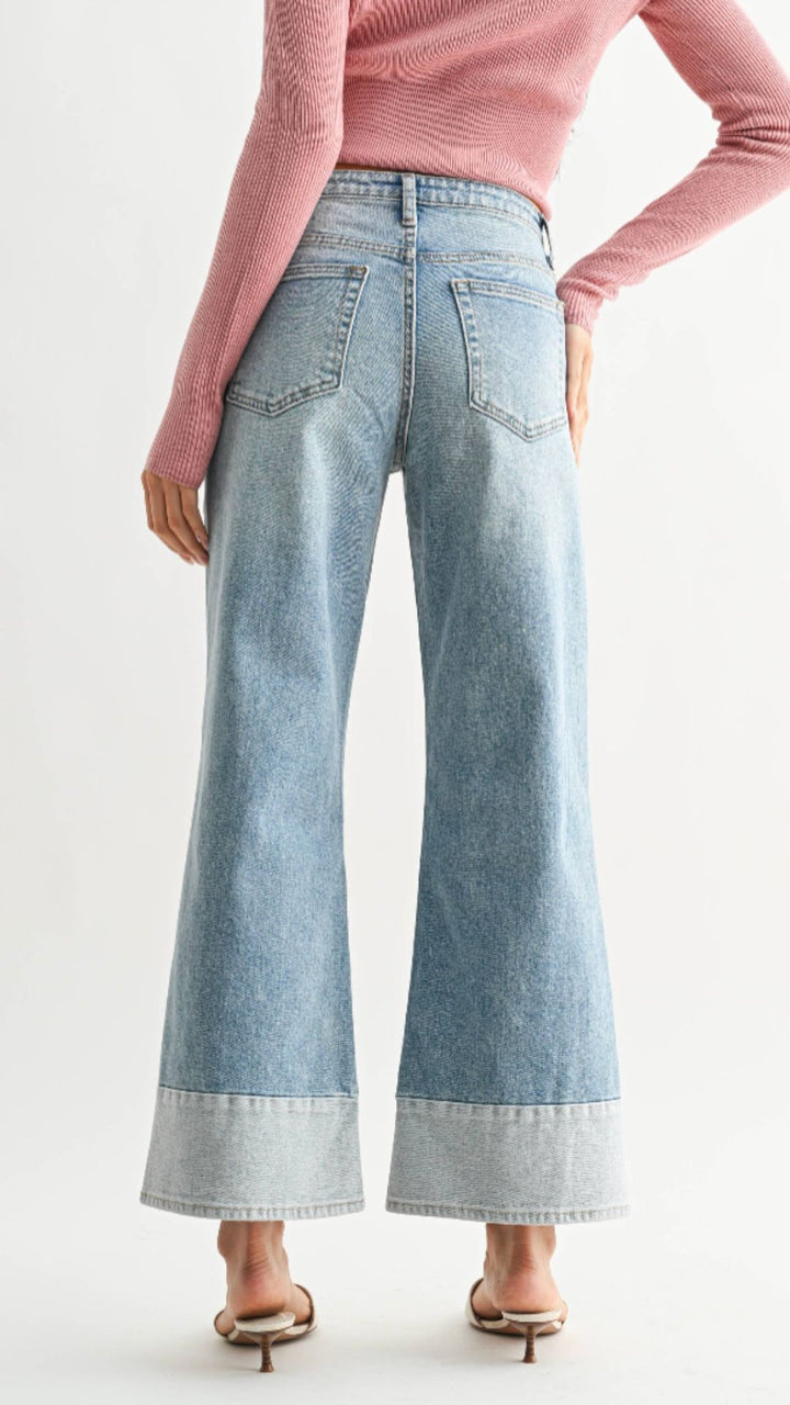 High Rise Light Medium Wash Two Toned Slim Wide Leg Jeans