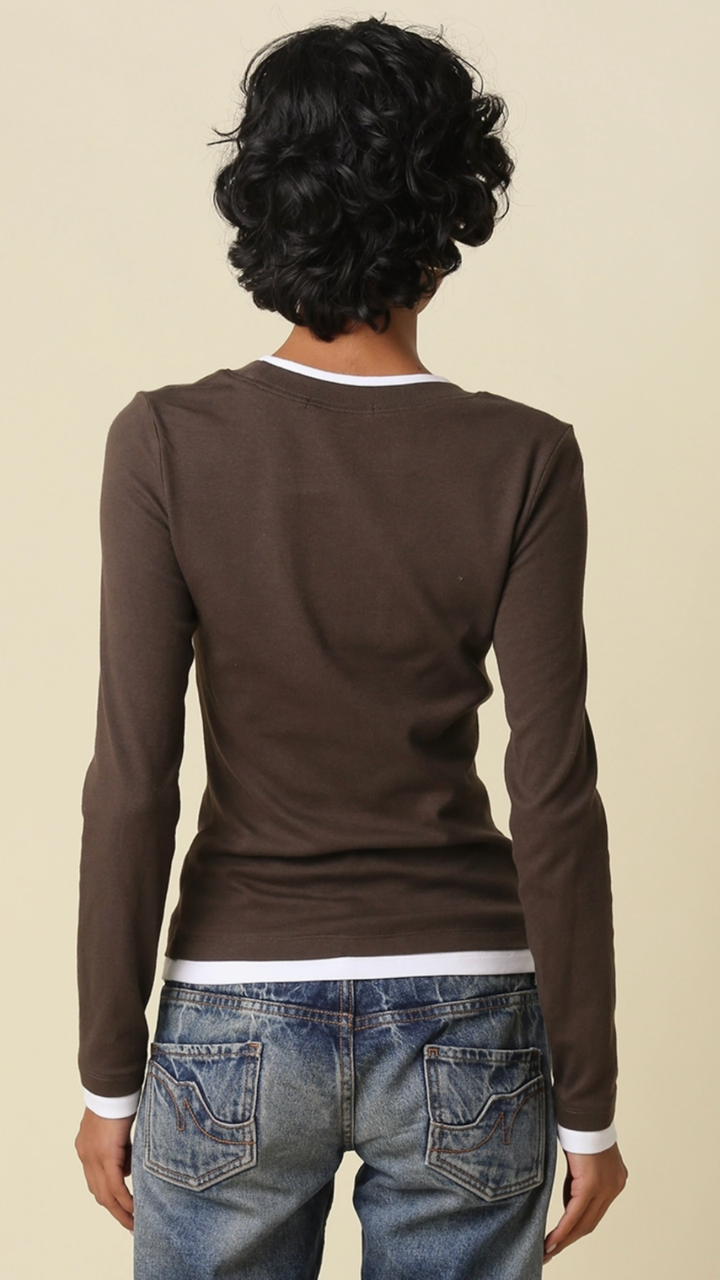 Coffee And White Contrast Trim Long Sleeve Top