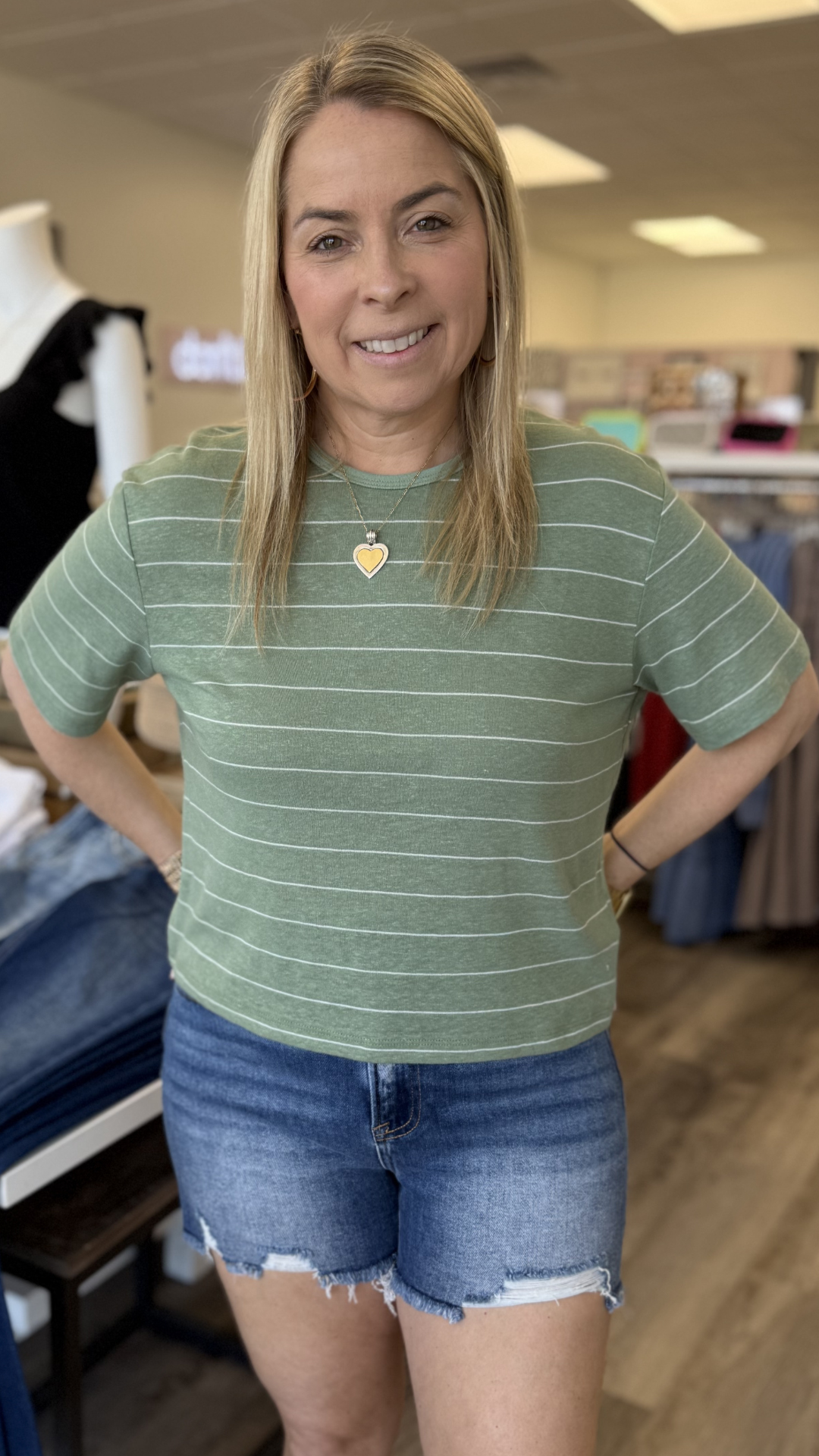 Sage And White Stripe Cotton Linen Top