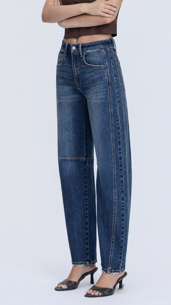 High Rise Dark Wash Non Stretch Denim Barrel Jeans