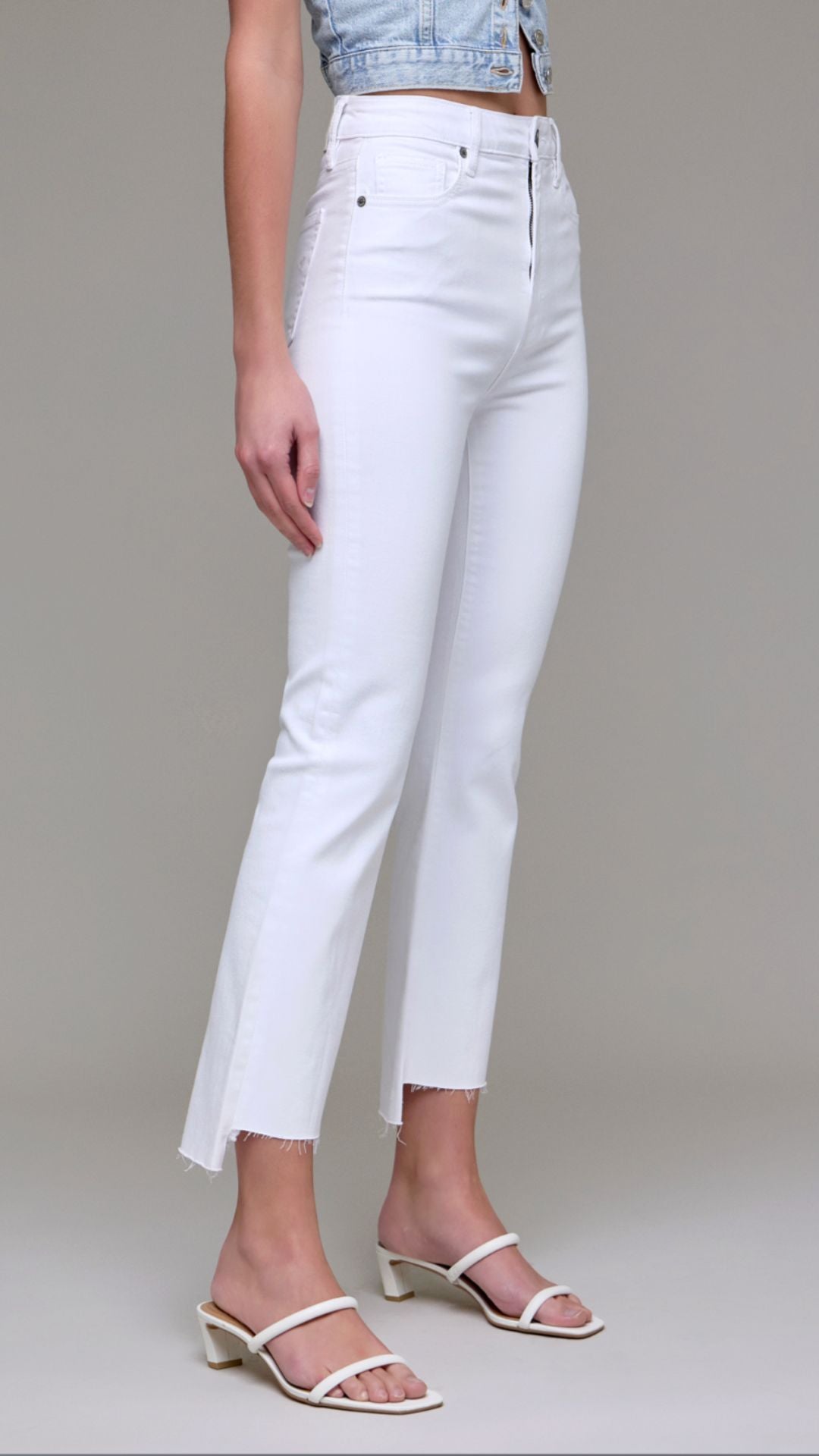 High Rise White Step Hem Cropped Flare Jeans