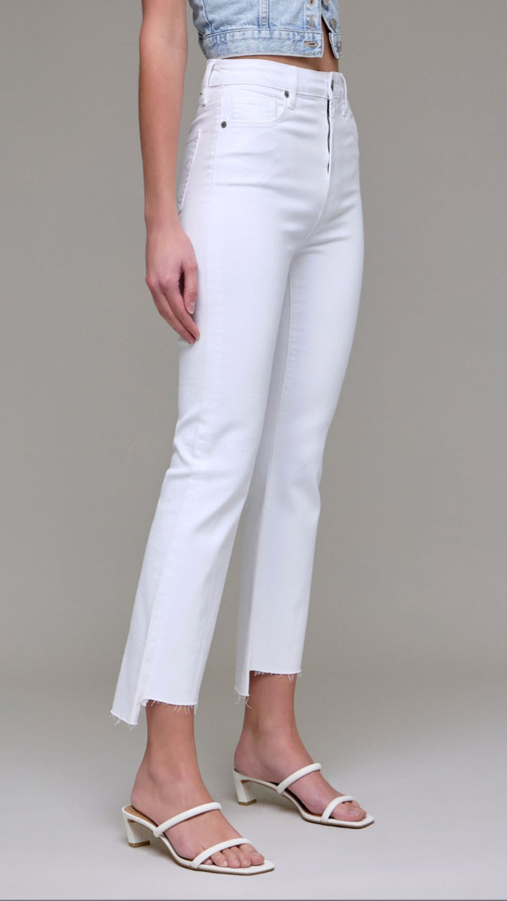 High Rise White Step Hem Cropped Flare Jeans