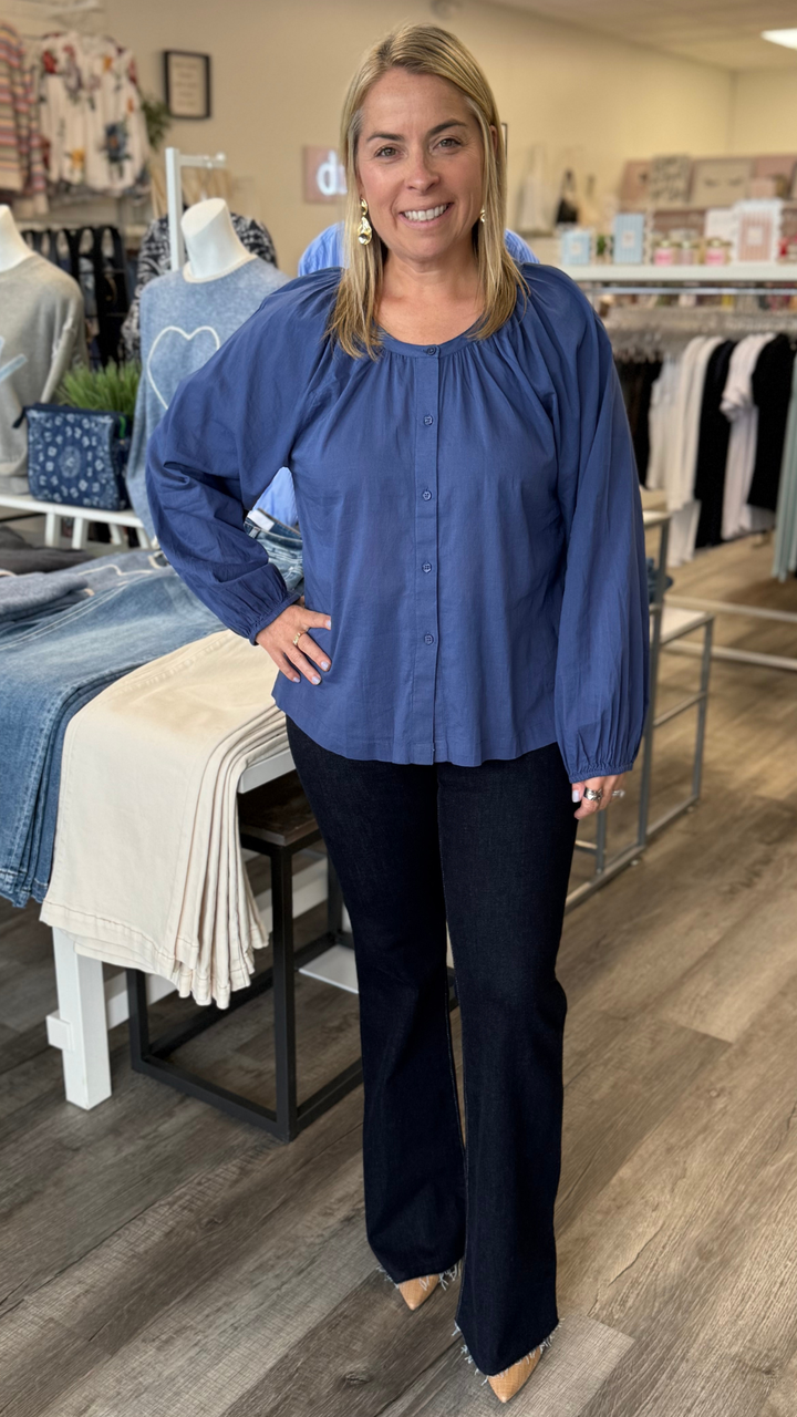 Navy Cotton Bubble Sleeve Blouse