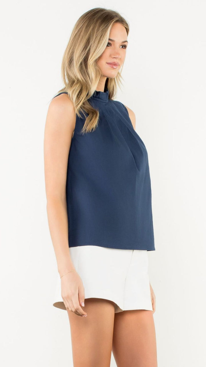 Pleated Mock Neck Linen Sleeveless Top