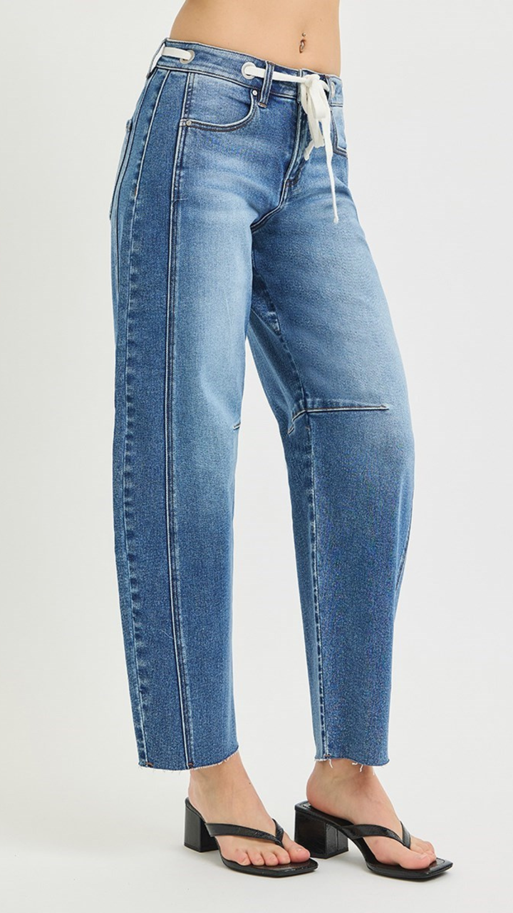 High Rise Medium Wash Slouchy Barrel Jeans With Drawstring And Eyelet Detail