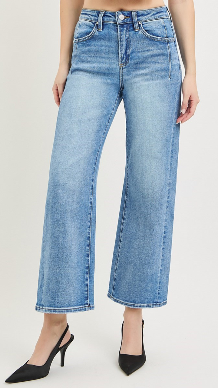 High Rise Light Medium Wash Slouchy Crop Wide Leg Jeans