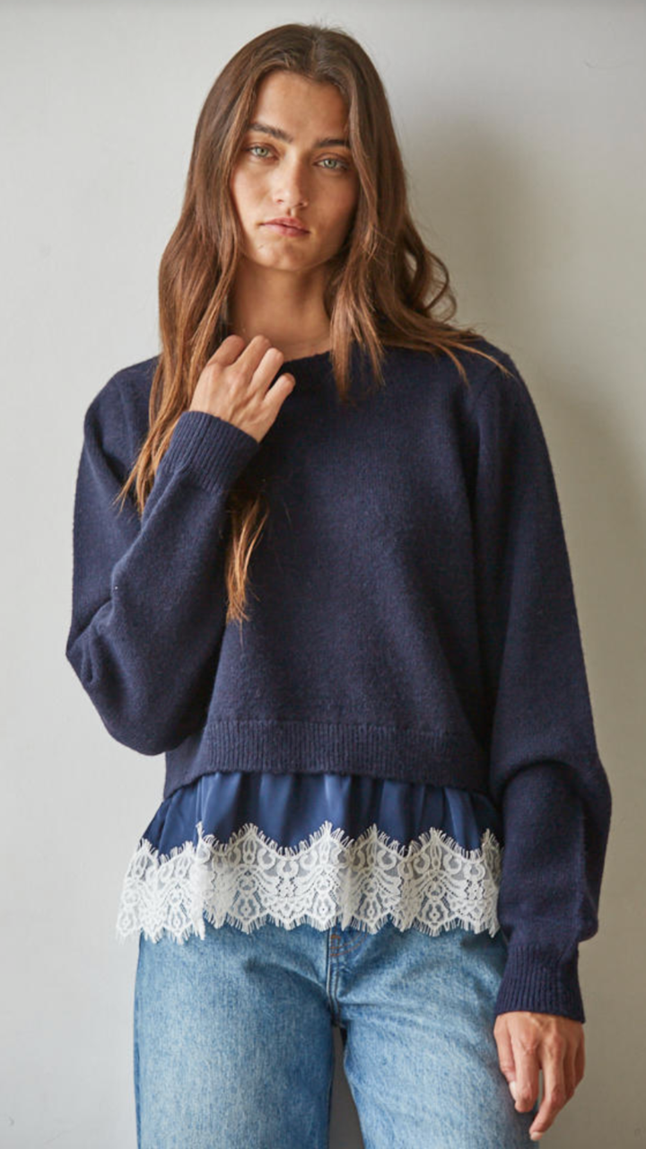 Navy Lace Bottom Sweater