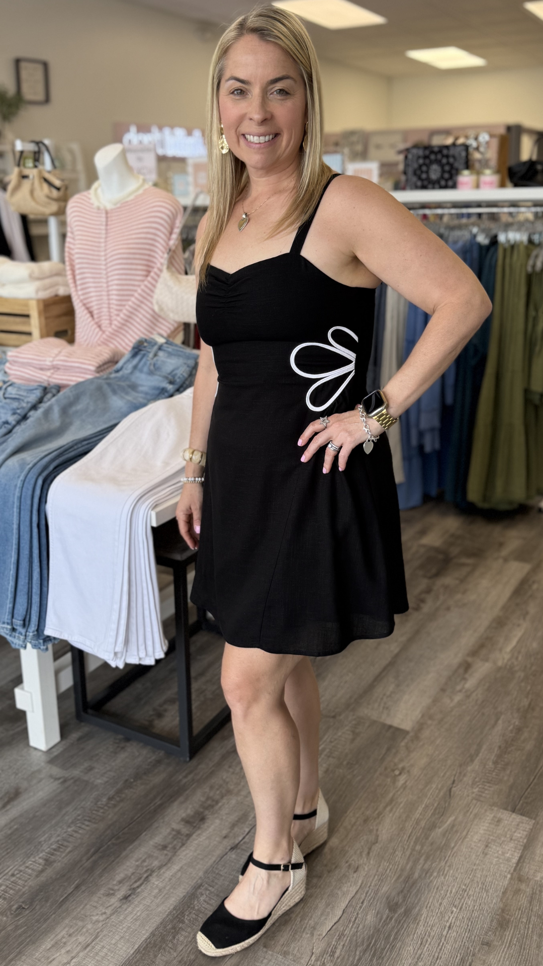 Black Applique Linen Dress