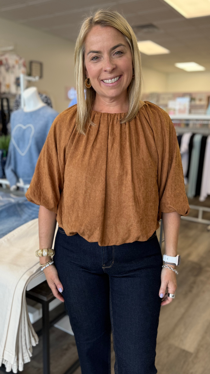 Camel Bubble Hem Suede Top