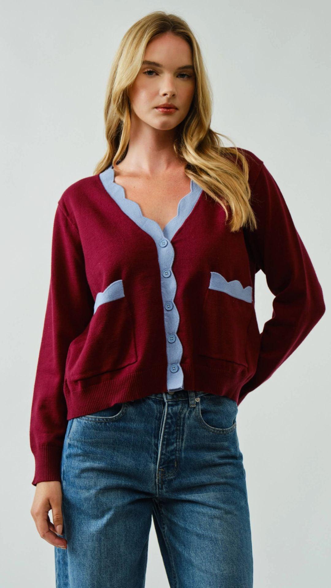 Burgundy Super Soft Scallop Detail Sweater Cardigan
