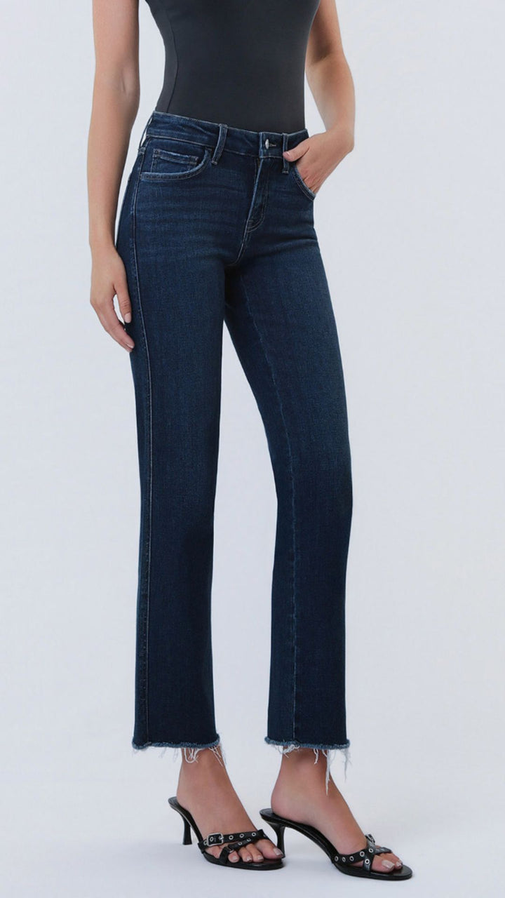 Mid Rise Dark Wash Raw Hem Ankle Straight Jeans