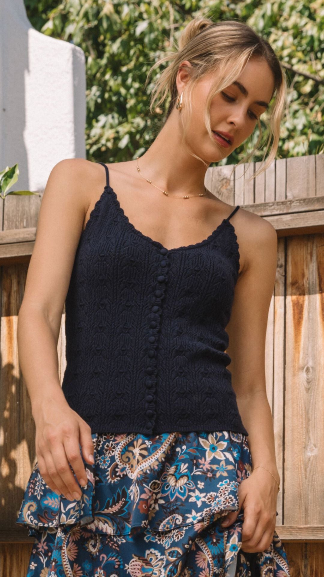 Navy Pointelle Knit Scallop Detail Tank Top