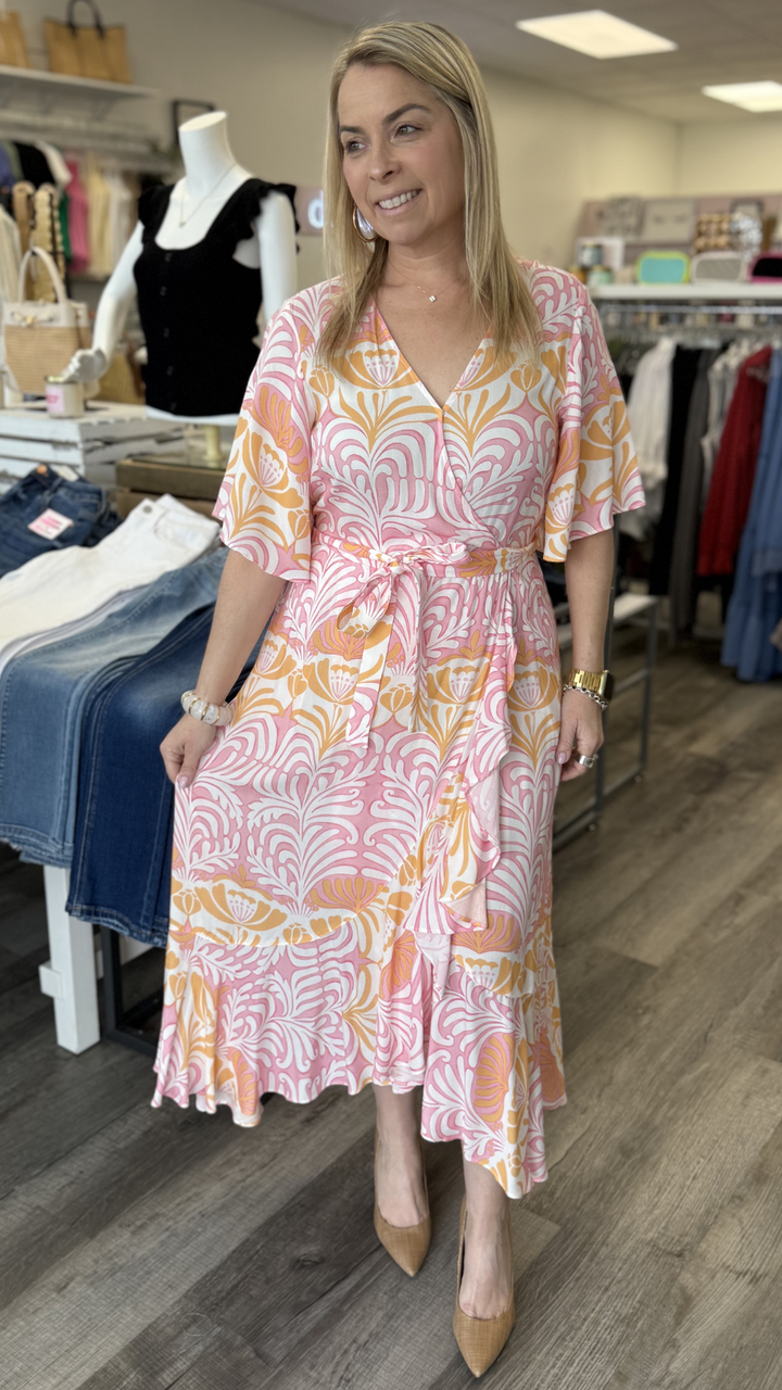 Flutter Elbow Sleeve Wrap Maxi Dress