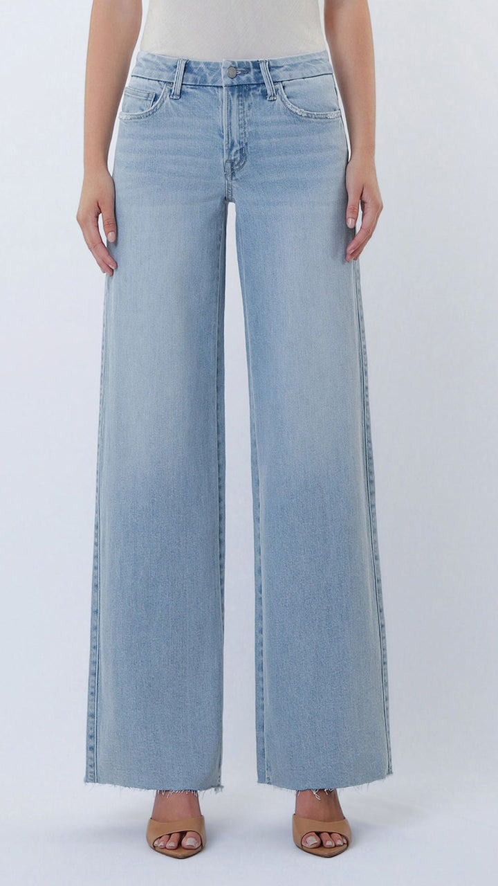 Mid Rise Light Wash Full Length Clean Cut Hem Wide Leg Jeans