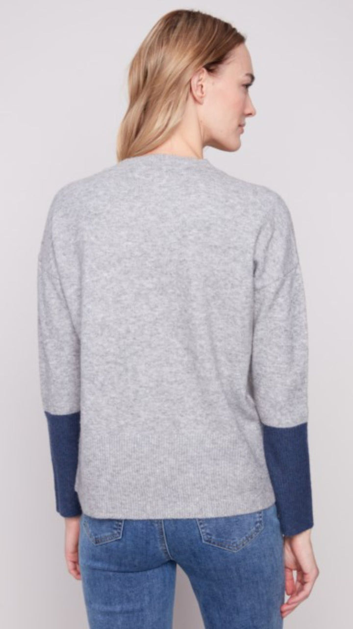 Gray Crew Neck Sweater With Contrast Details