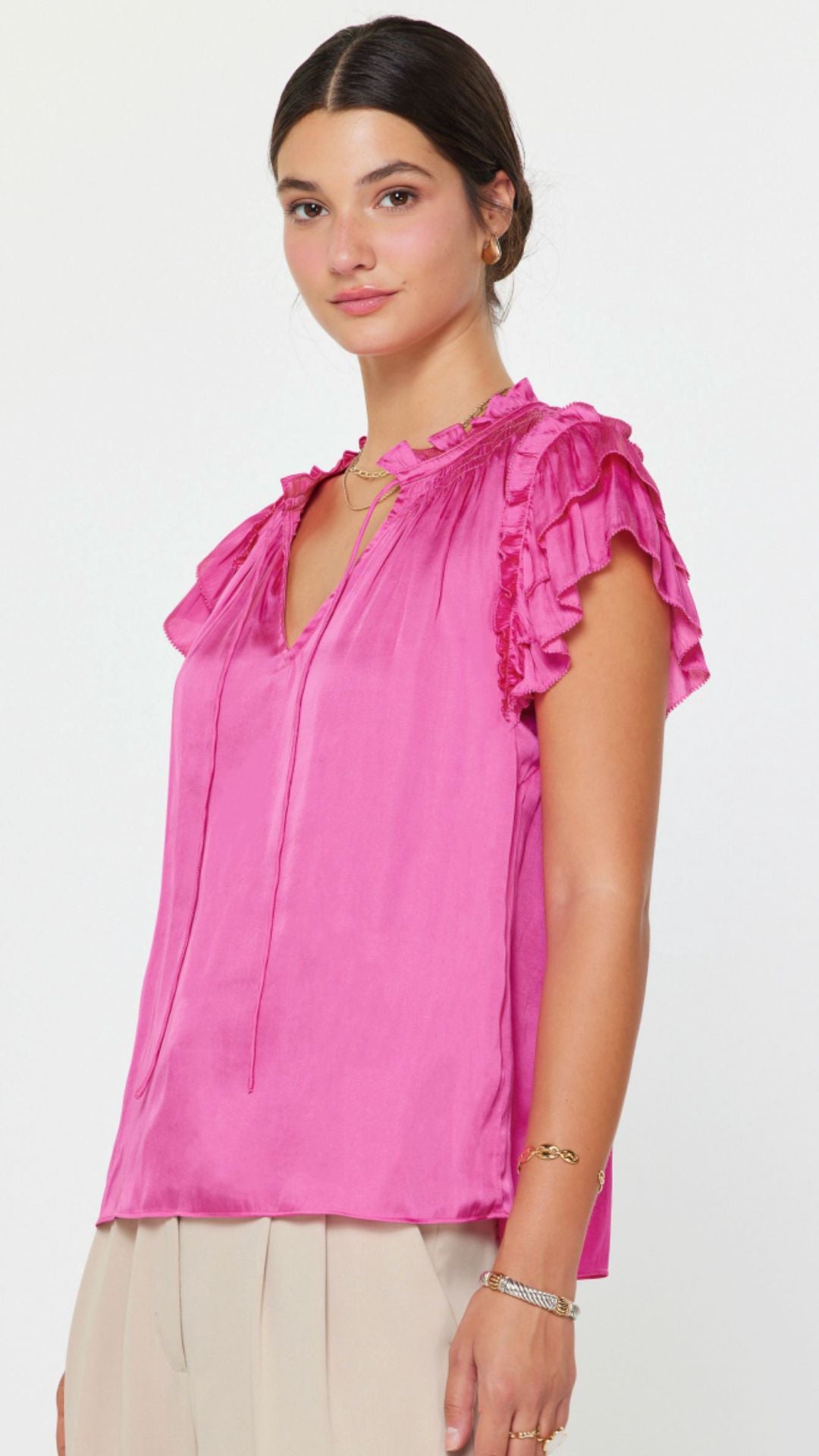 Pink Tiered Ruffle Short Sleeve Blouse