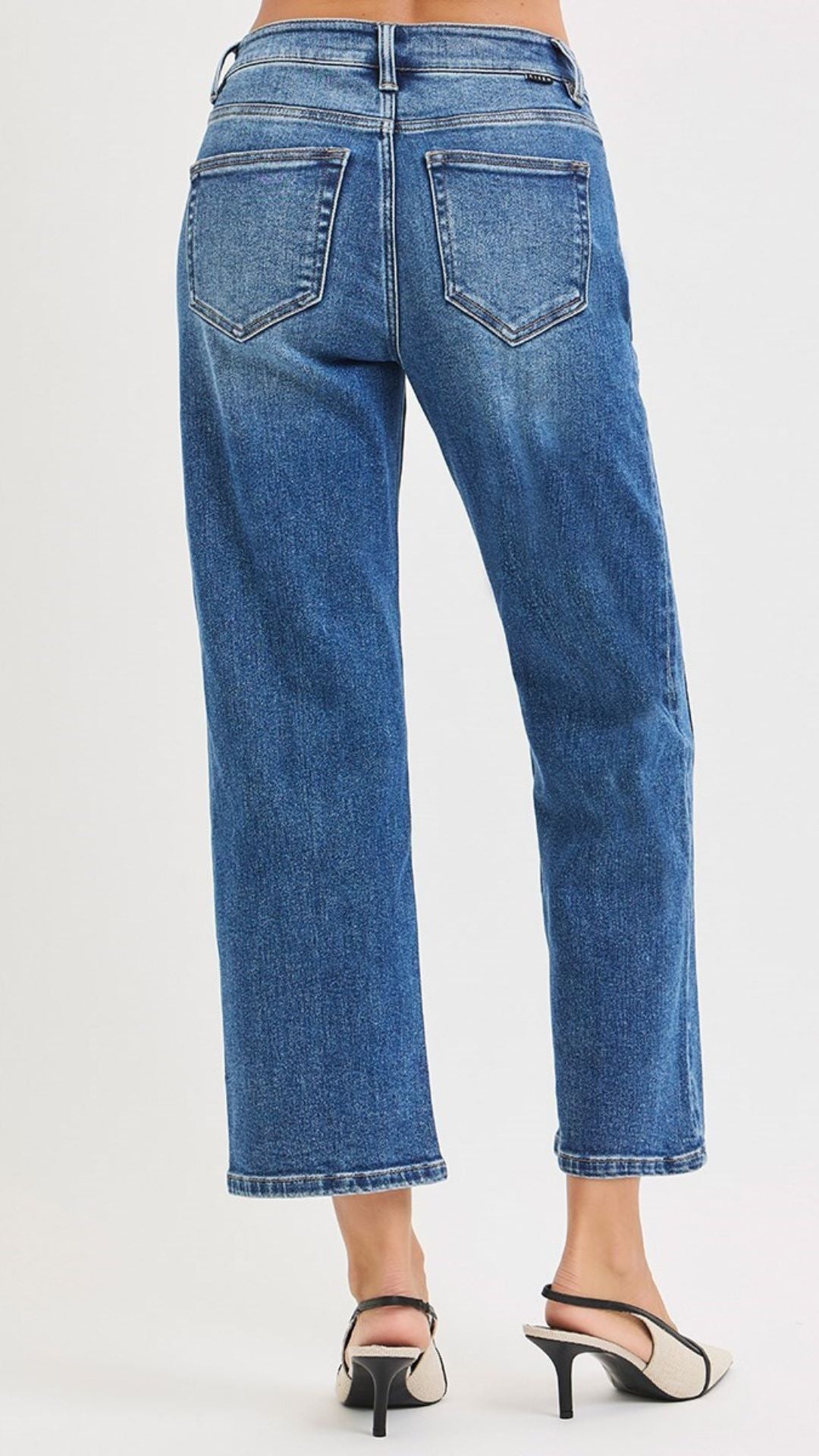 High Rise Medium Wash Seam Detail Crop Straight Jeans