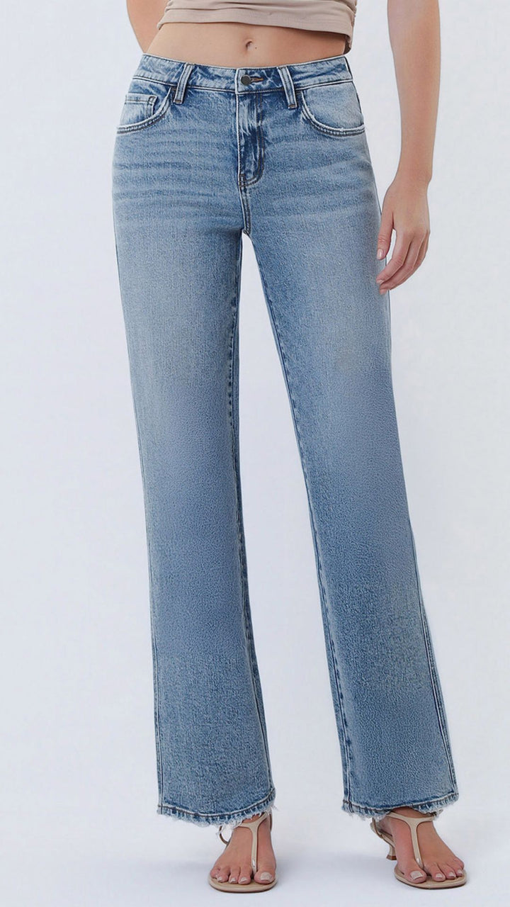 Mid Rise Medium Wash Full Length Slim Wide Leg Jeans