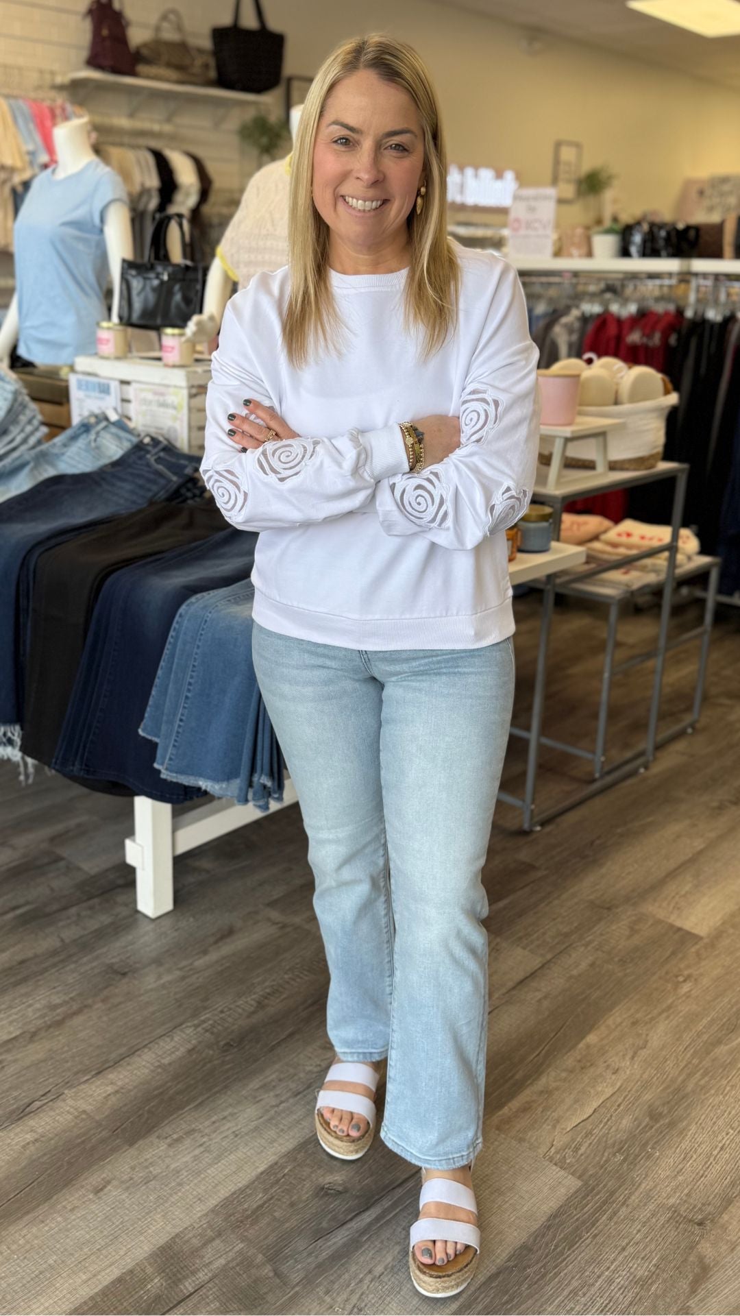 French Terry Floral Embroidery Long Sleeve