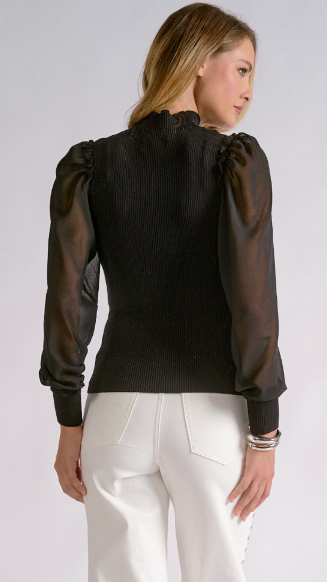 Black Mock Neck Mesh Sleeve Top