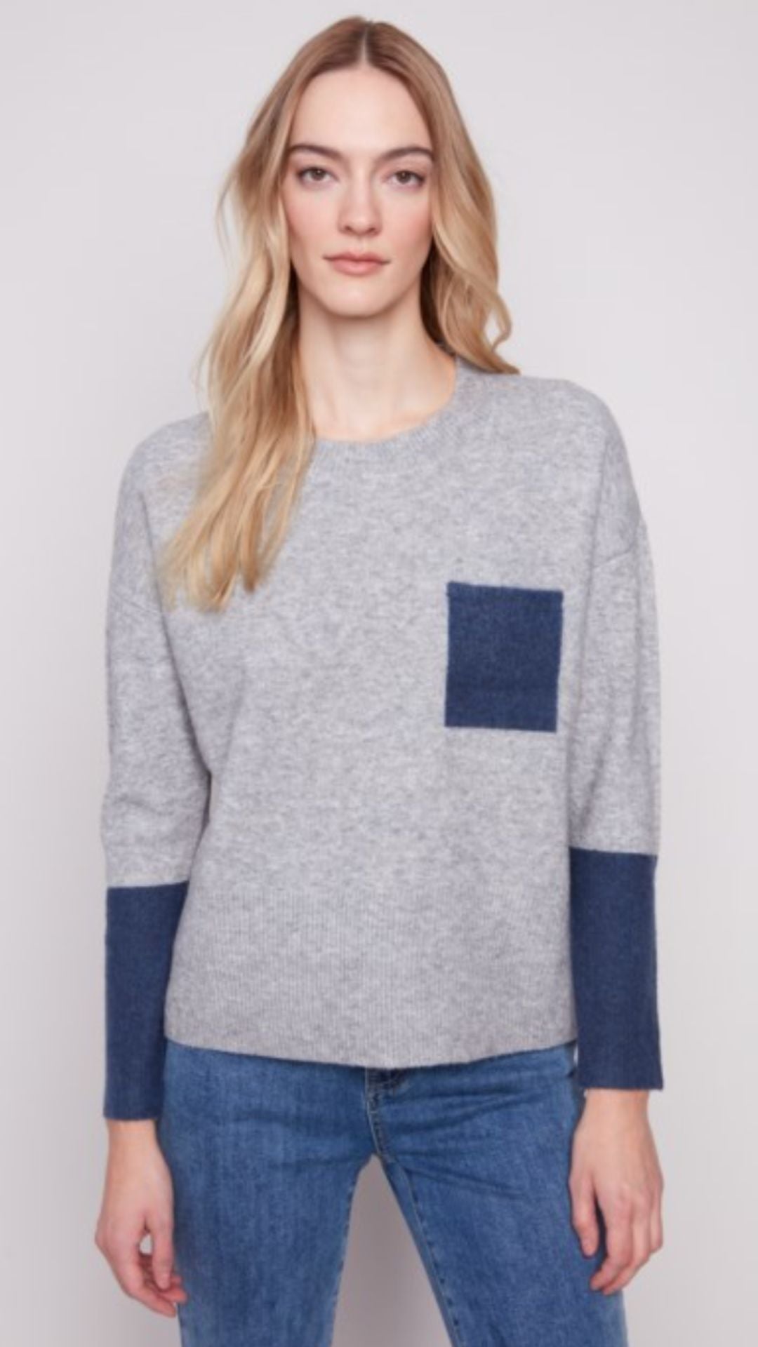 Gray Crew Neck Sweater With Contrast Details