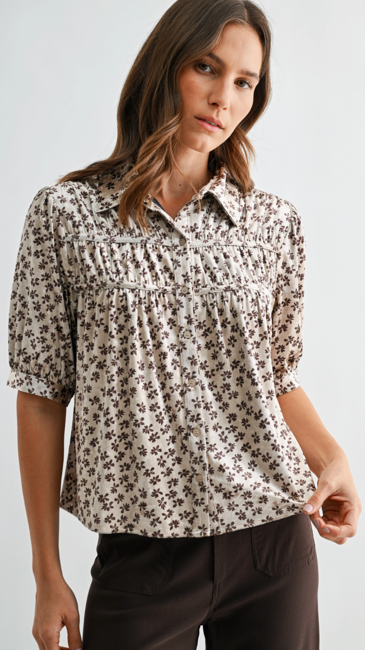 Shirring Velvet Half Sleeve Top