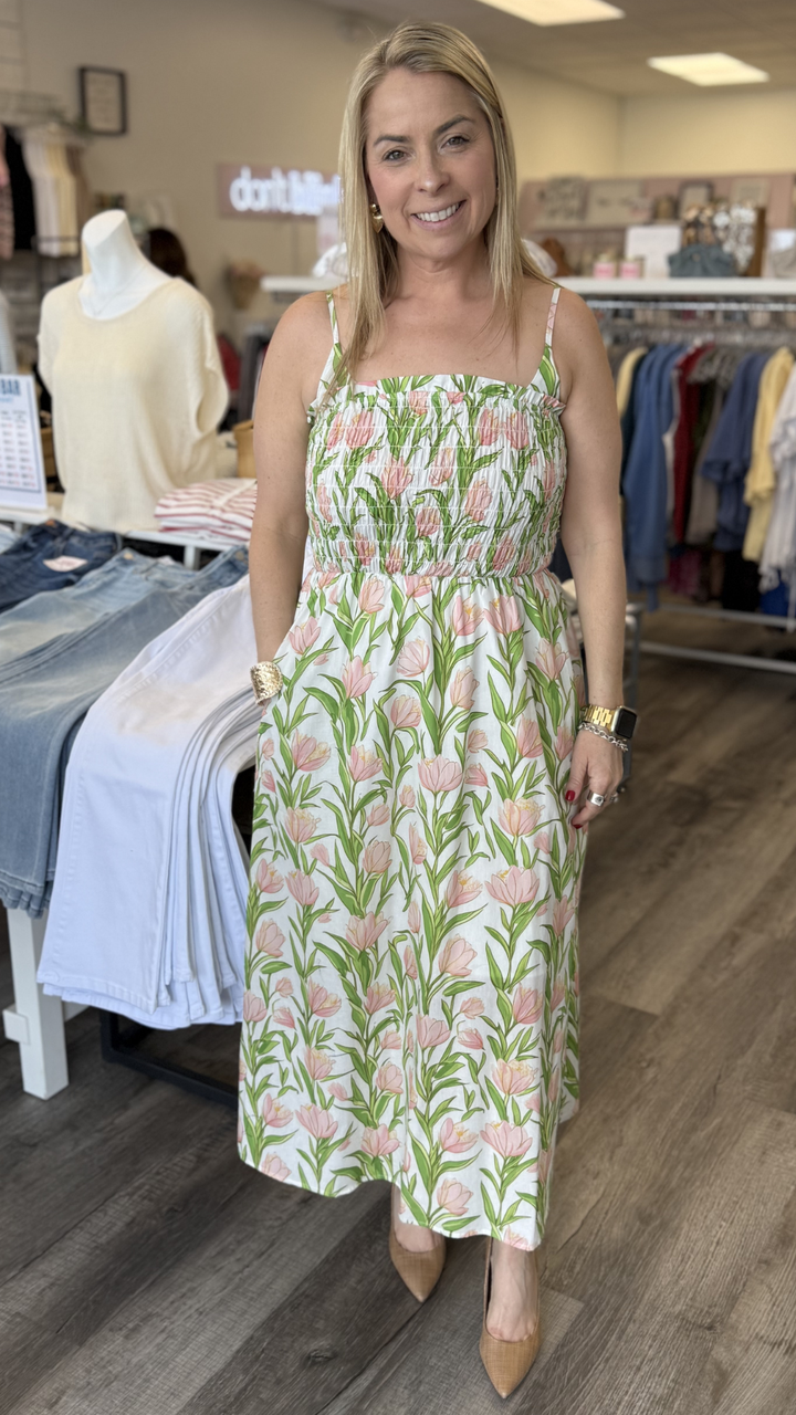 Thin Strap Floral Pattern Midi Dress