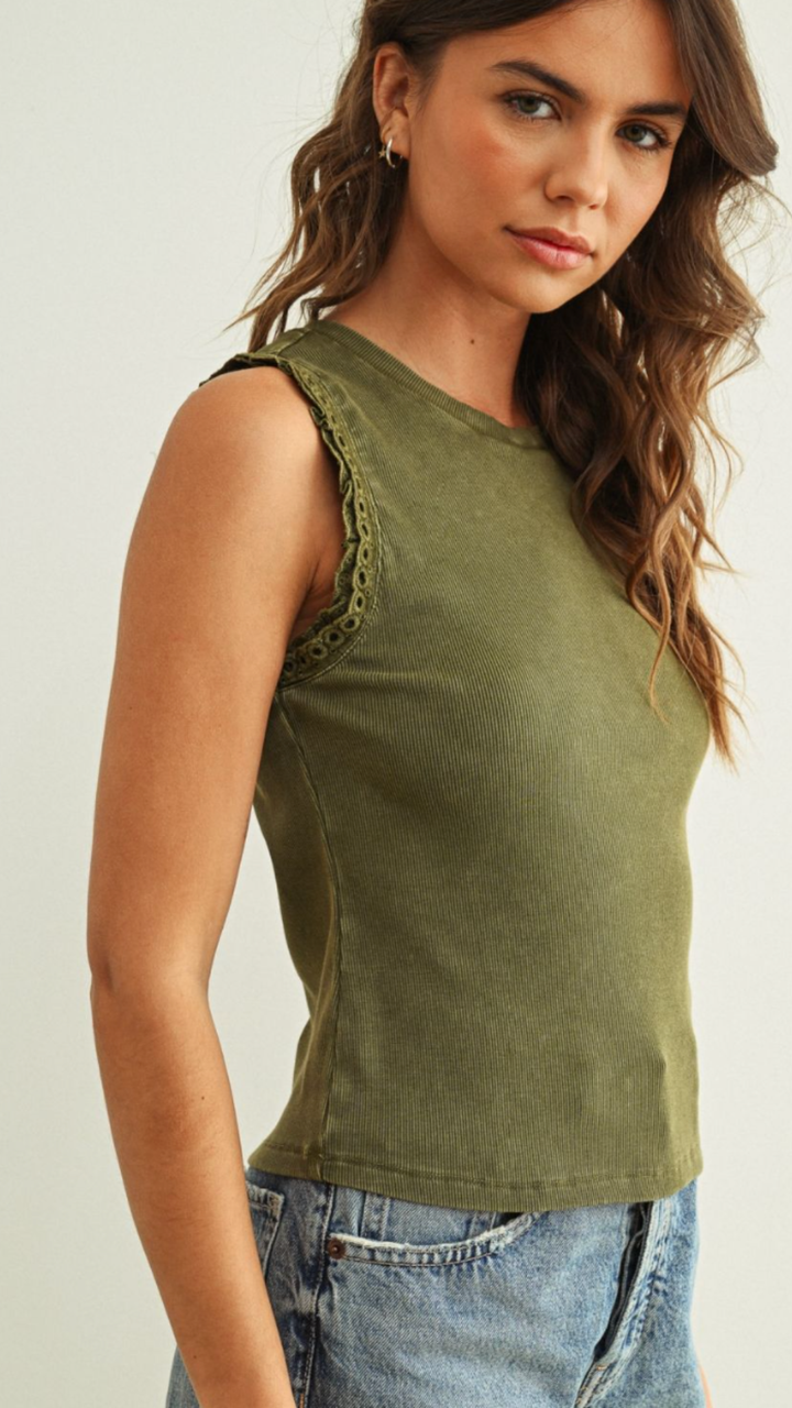 Olive Crochet Ruffle Trim Ribbed Tank