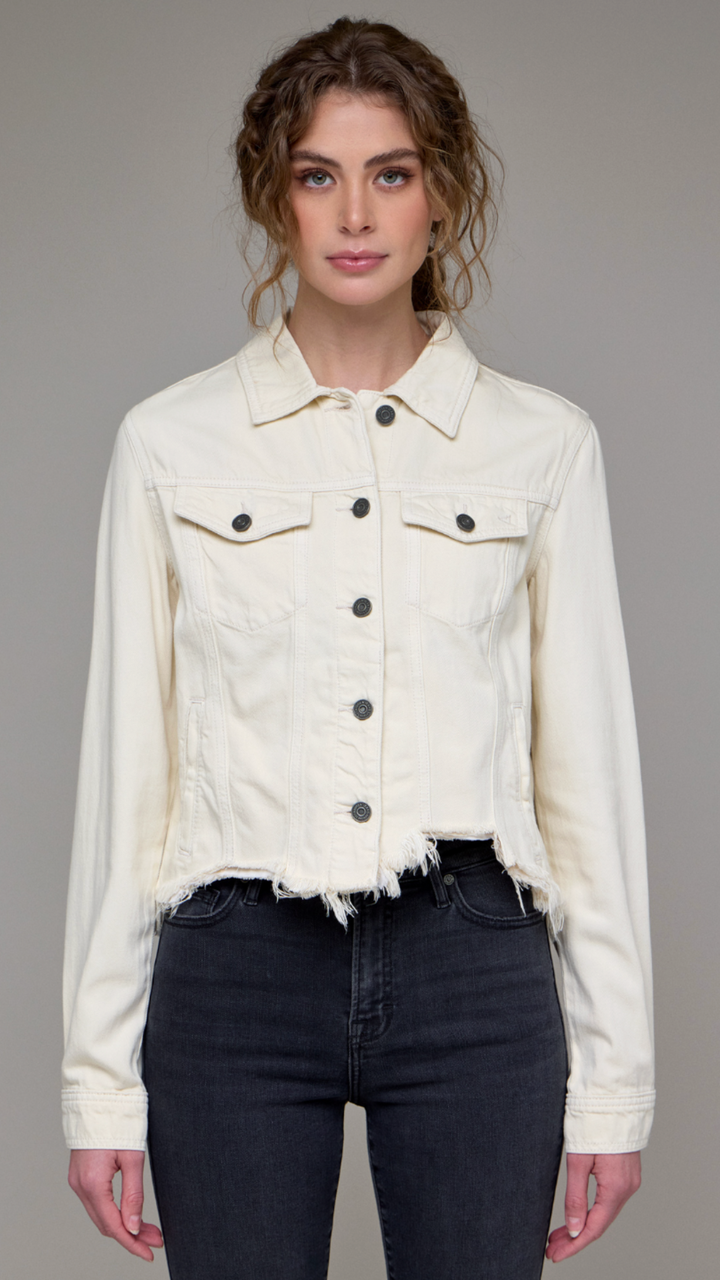 Cream Cropped Frayed Fitted Jacket