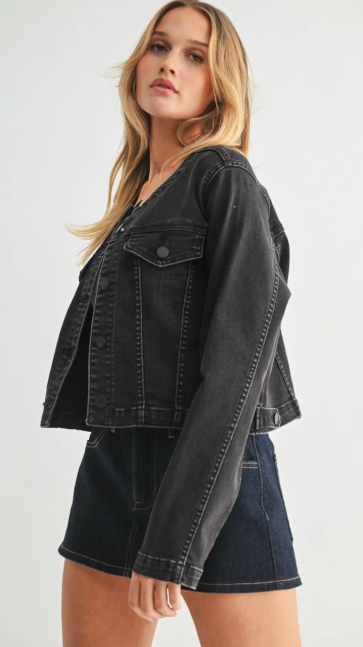 Black Collarless Denim Jacket