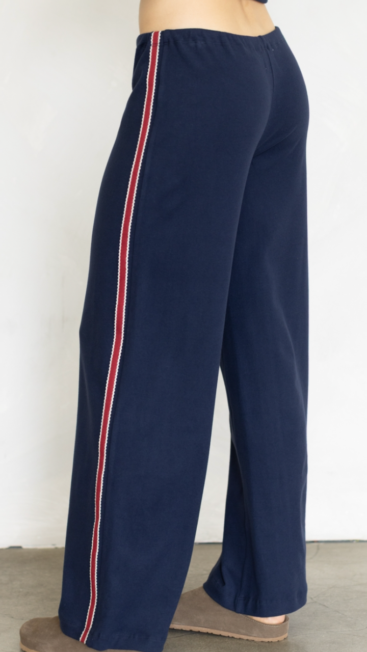 Navy Cardigan And Red Side Stripe Knit Pants Set