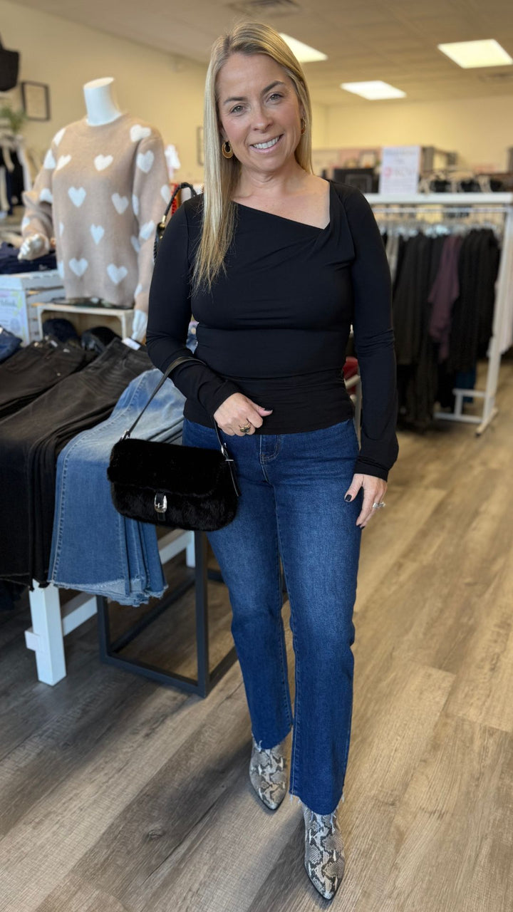 Black Fitted Twist Front Long Sleeve