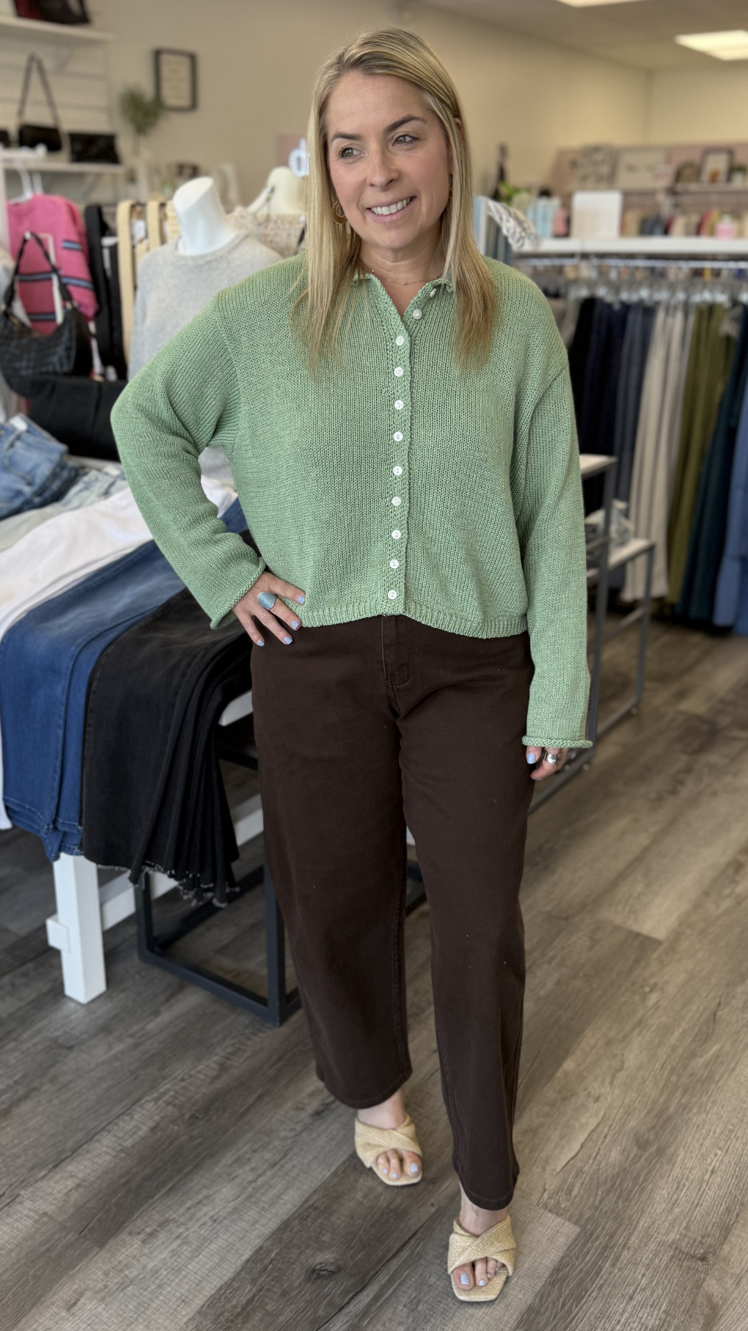 Matcha Light Weight Button Front Cardigan