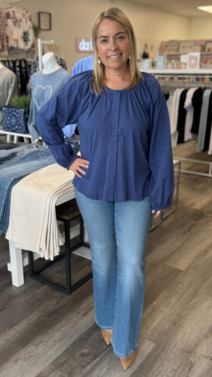 Navy Cotton Bubble Sleeve Blouse