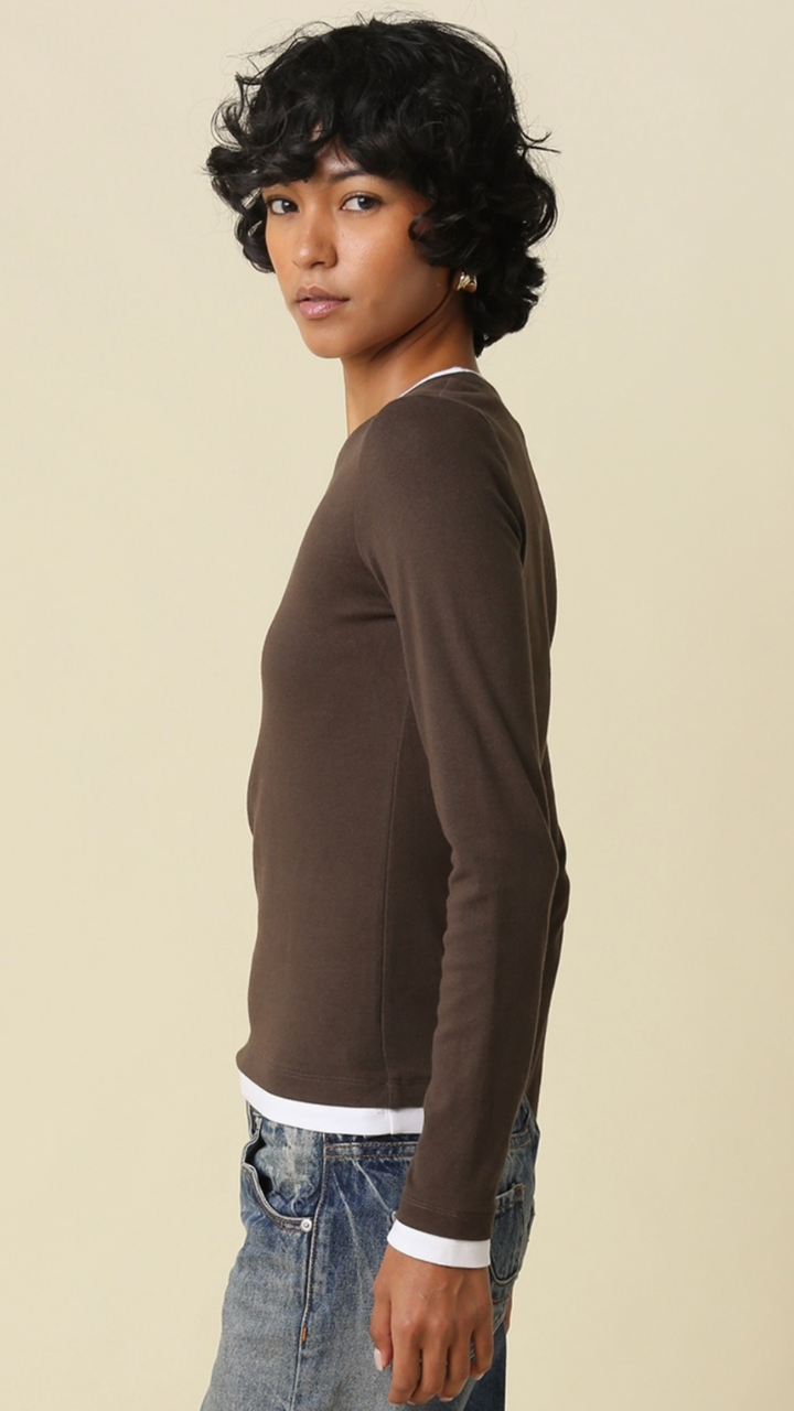 Coffee And White Contrast Trim Long Sleeve Top