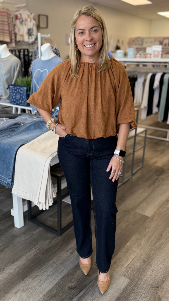 Camel Bubble Hem Suede Top
