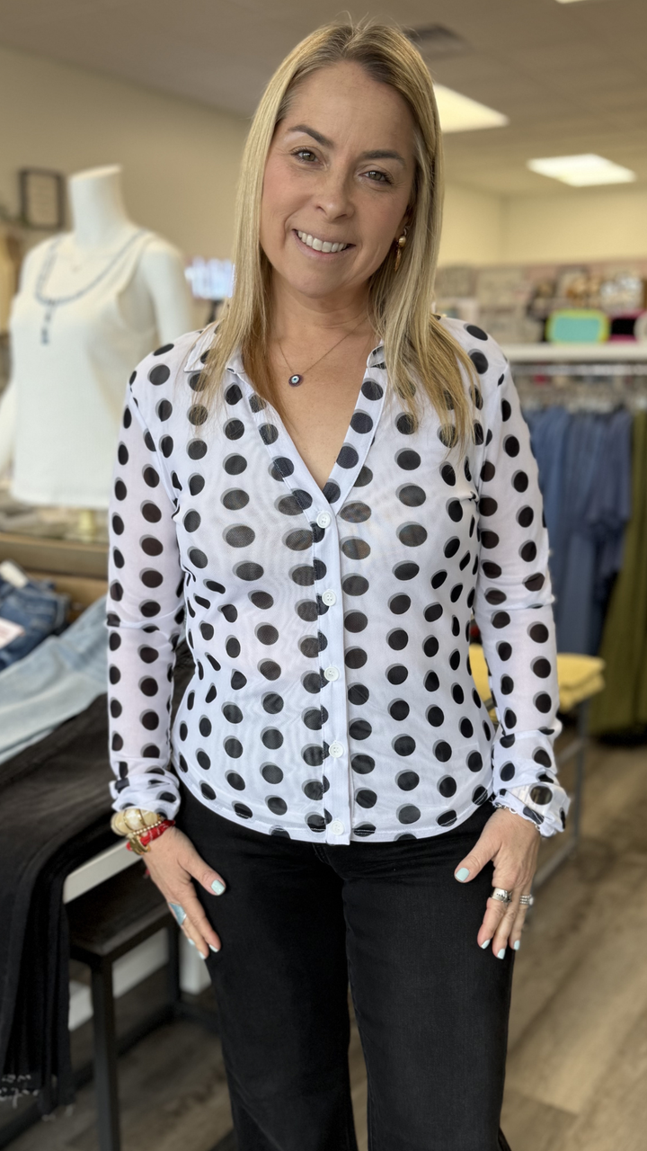 White With Black Polka Dot Collared Mesh Top