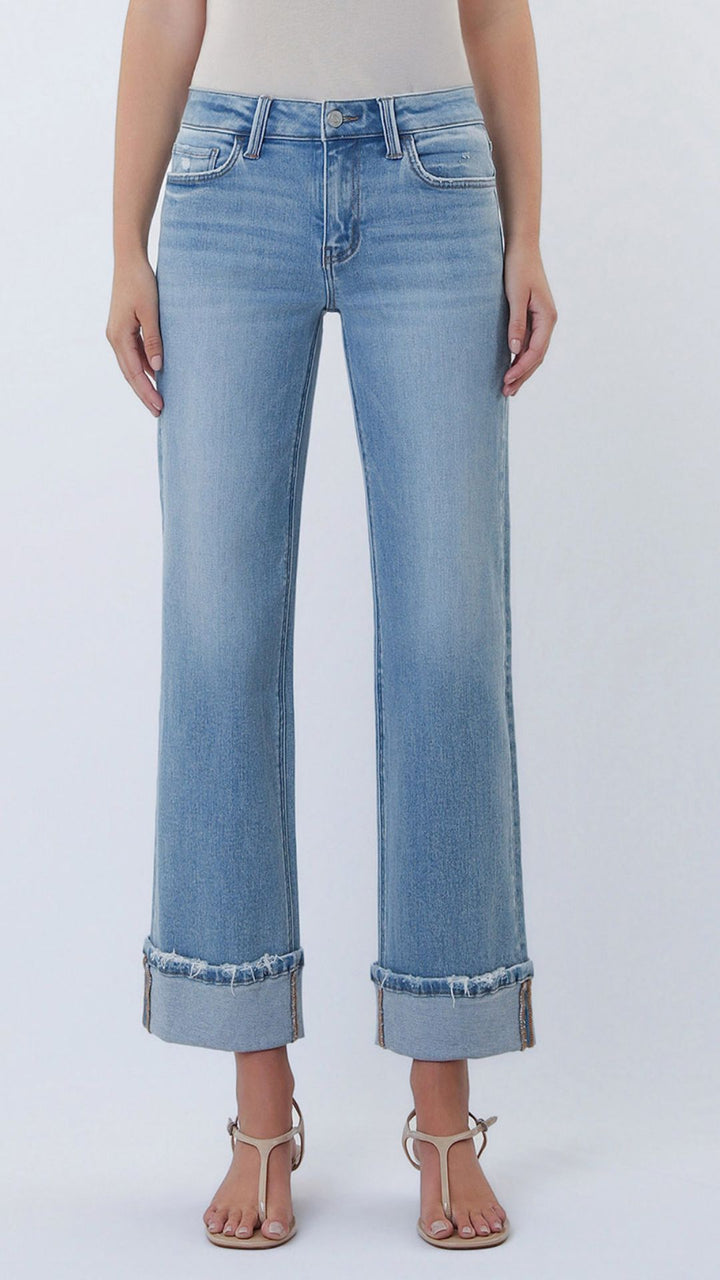 Mid Rise Medium Light Cuffed Slim Wide Leg Jeans