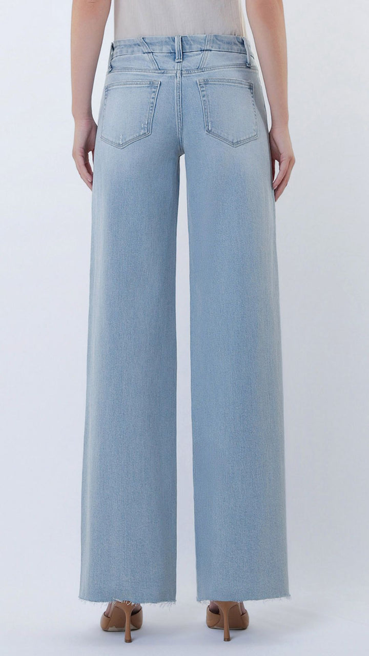 Mid Rise Light Wash Full Length Clean Cut Hem Wide Leg Jeans